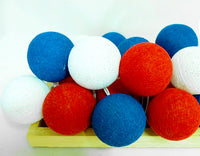 Red White n Blue Cotton Ball Mix, 5cm Balls - 5 metre Long Battery Powered Wire String -  sport team party event lights