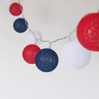 Red White n Blue Cotton Ball Mix, 5cm Balls - 5 metre Long Battery Powered Wire String -  sport team party event lights