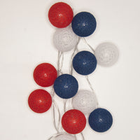 Red White n Blue Cotton Ball Mix, 5cm Balls - 5 metre Long Battery Powered Wire String -  sport team party event lights