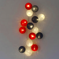 Red White n Blue Cotton Ball Mix, 5cm Balls - 5 metre Long Battery Powered Wire String -  sport team party event lights