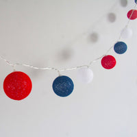 Red White n Blue Cotton Ball Mix, 5cm Balls - 5 metre Long Battery Powered Wire String -  sport team party event lights