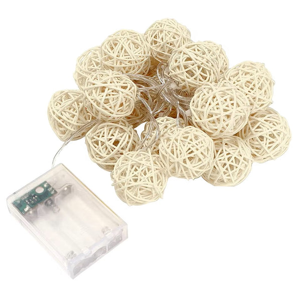 Natural White Cane Wicker Rattan Ball Style -2m Long Battery Powered fairy lights xmas party event table centrepiece decor