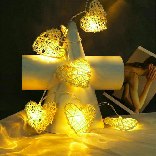 Yellow Cane Rattan Heart -LED Mains Plug Lights - 5 metre long - Romantic Valentines Wedding Decoration Gift