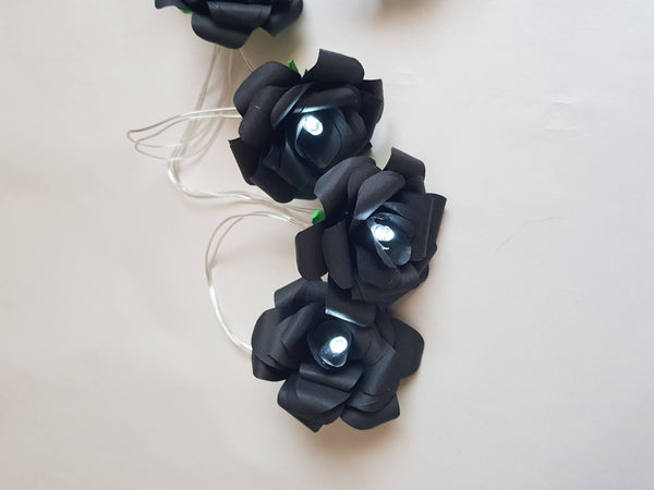 Black roses table decoration or centrepiece - 5 Metre Long battery powered string fairy lights