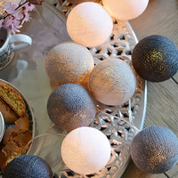 Grey White Cotton Ball 5cm Ball - 2 Metre Battery Powered -  fairy party room lights decor