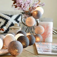 Grey White Cotton Ball 5cm Ball - 2 Metre Battery Powered -  fairy party room lights decor