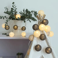 Grey White Cotton Ball 5cm Ball - 2 Metre Battery Powered -  fairy party room lights decor