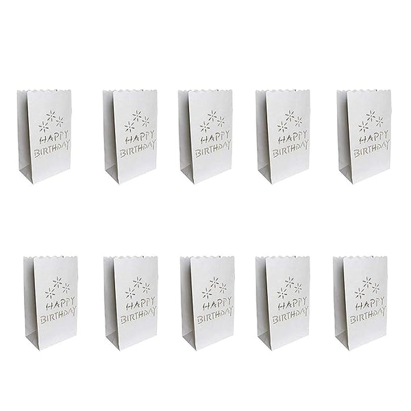 Happy Birthday White Tealight Candle Lantern Paper Party Safe Bag - 10 Pack