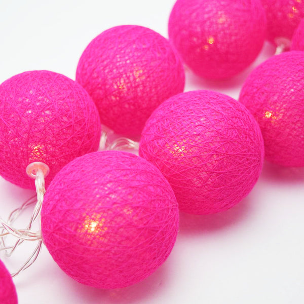 Hot Pink Cotton Ball Mix, 5cm Balls - 2 metre Long Battery Powered Wire String -   girls hen bedroom party event lights