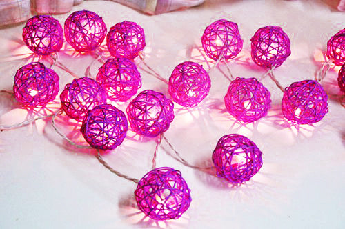 Pink Cane Wicker Balls  -LED Mains Plug Lights - 5 metre long - girl birthday party event decoration