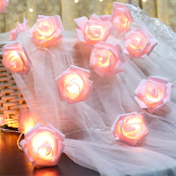 Pink roses table decoration or centrepiece - 5 Metre Long battery powered string fairy lights