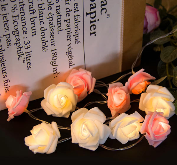 Pink n White roses table decoration or centrepiece - 5 Metre Long battery powered string fairy lights