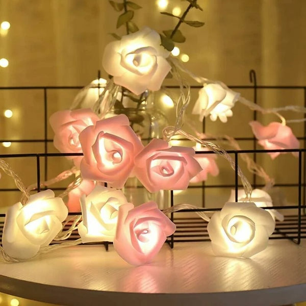 Pink n White roses table decoration or centrepiece - battery powered string fairy lights