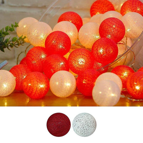 Red n White Cotton Ball Decorative Party Wedding LED Lights - 10 metre long with 100 bulb/balls Xmas decor