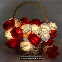 Red n White roses table decoration or centrepiece - 2 metre long battery powered string fairy lights