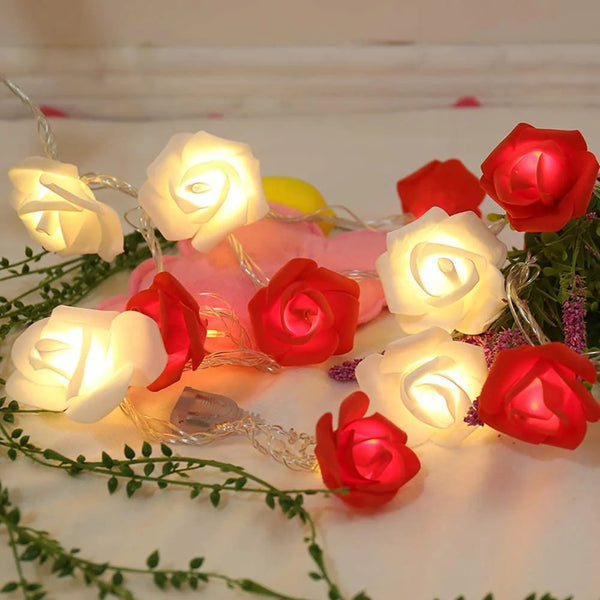 Red n White roses table decoration or centrepiece - 2 metre long battery powered string fairy lights