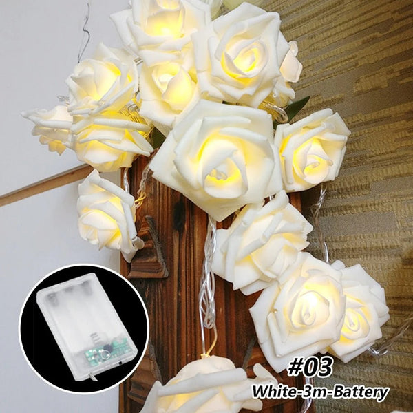 White roses table decoration or centrepiece - 5 Metre Long battery powered string fairy lights