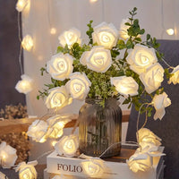 White roses table decoration or centrepiece - battery powered string fairy lights