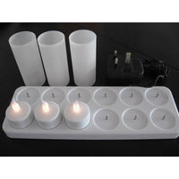 12 x Recharchable LED Battery Tealight Candle Set - White Frosted Holder - Amber Safe Flame
