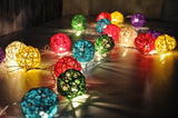 Rattan Multi Coloured Cane Wicker Balls  -20 LED Bulbs fairy lights