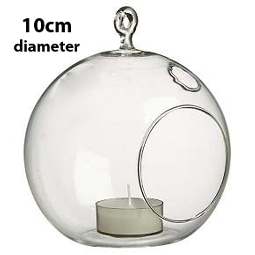 10cm Hanging Clear Glass Candle Holder- Ball - Outdoor or Indoor