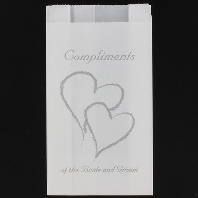 Wedding - White Grease Proof Cake Bags - Silver Heart  Compliments Bride & Grooms x 10 Pack