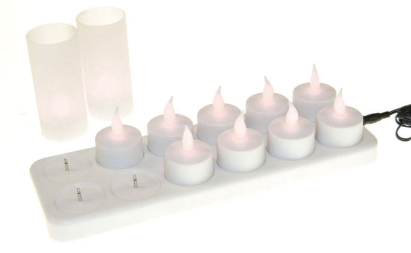 12 x Recharchable LED Battery Tealight Candle Set - White Frosted Holder - Amber Safe Flame