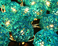 Natural Cane Aqua Turquoise Wicker Rattan Ball Style -Battery Powered -  fairy lights