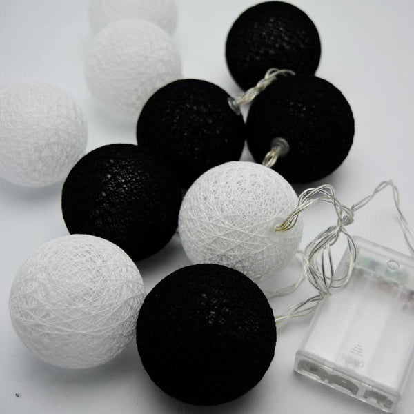 Black White Cotton Ball 5cm Ball - 3 Metre Battery Powered -  fairy party room lights decor