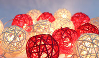 Red n White Natural Cane Wicker Rattan Ball Style -Battery Powered -  fairy lights