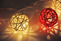 Red n White Natural Cane Wicker Rattan Ball Style -Battery Powered -  fairy lights