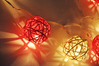 Red n White Natural Cane Wicker Rattan Ball Style -Battery Powered -  fairy lights