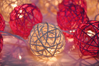 Red n White Natural Cane Wicker Rattan Ball Style -Battery Powered -  fairy lights