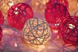 Red n White Natural Cane Wicker Rattan Ball Style -Battery Powered -  fairy lights