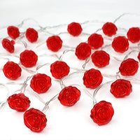 Red roses table decoration or centrepiece - battery powered string fairy lights