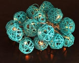 Natural Cane Aqua Turquoise Wicker Rattan Ball Style -Battery Powered -  fairy lights