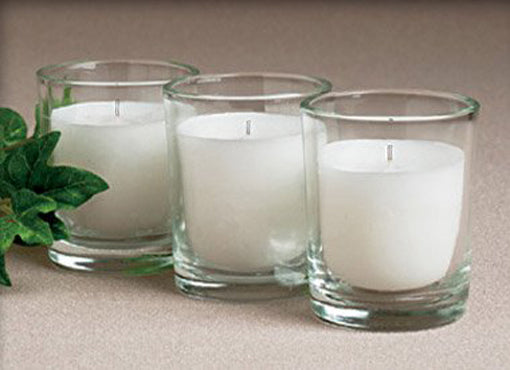 White Wax Votive Table Candle in Clear Glass Holder - 6cm High - wedding party table decoration