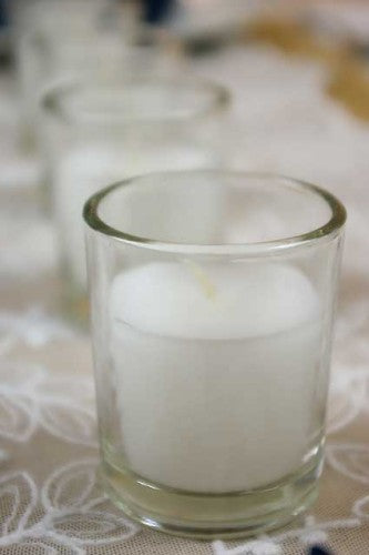 White Wax Votive Table Candle in Clear Glass Holder - 6cm High - wedding party table decoration