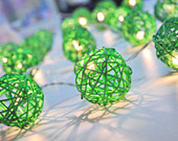 Green Natural Cane Wicker Rattan Ball Style -Battery Powered -  fairy lights