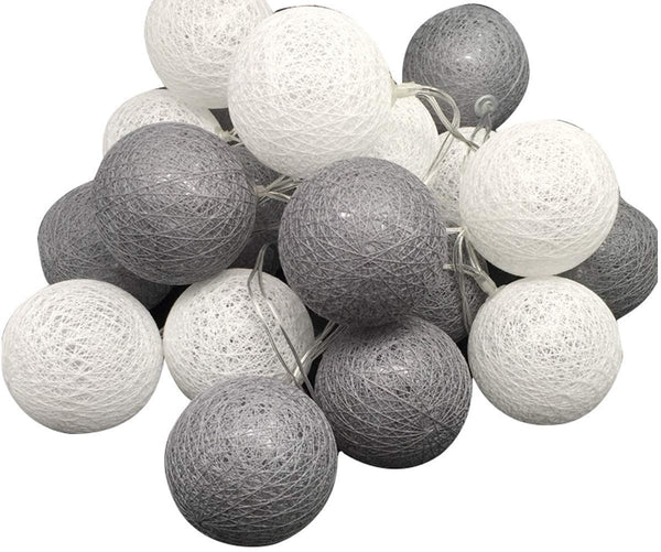 Grey n White Cotton Ball 5cm - Mains Power- 5m with 30 LED Bulb fairy light string