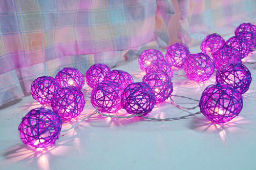 Purple Violet Natural Cane Wicker Rattan Ball Style -Battery Powered -  fairy lights