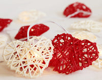 Red n White Cane Wicker Rattan Heart Style -Battery Powered -  fairy lights