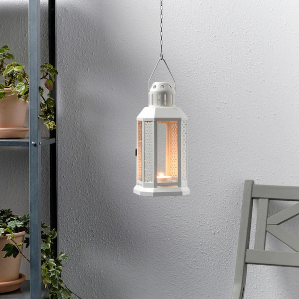 21cm White Metal Tealight Candle Miners Lantern Indoor Outdoor